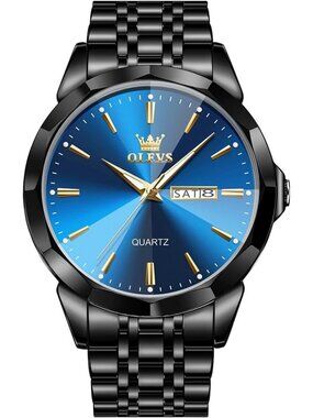 Men Blue Black Diamond Analog Quartz Stainless Waterproof Luminous Classic Watch